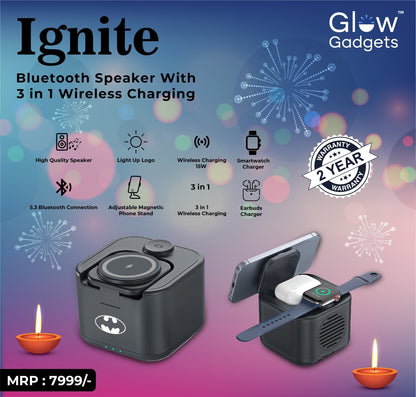 Personalized Logo Glow Multipurpose Bluetooth Speaker cum 3 in 1 Wireless Charger - For Corporate Gifting, Event Gifting, Freebies, Return Gift, Promotions - HK10286