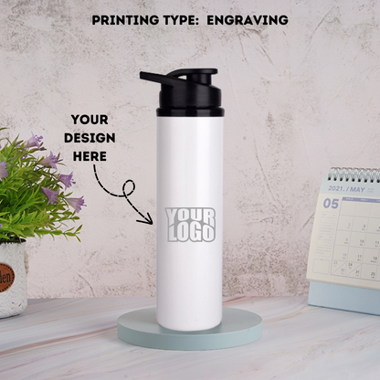 White Stylish Sipper Water Bottle Laser Engraved - 900ml - For Return Gift, Corporate Gifting, Office or Personal Use HK3215