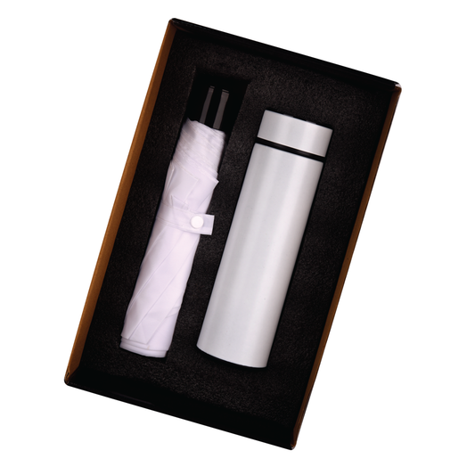 White 2in1 Umbrella and Bottle Gift Set - For Corporate Gifting, Employee Joining Kit, Dealer or Customer Monsoon Gifting HK37244