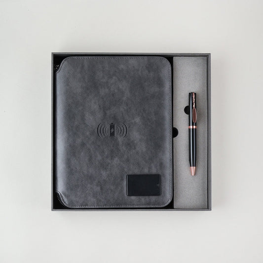 Personalized 2 in 1 Charcoal Black Leather Finished 8000mAh Power Bank Diary Logo Glow Combo Gift Set - For Employee Joining Kit, Client, Dealer Gifting, Corporate Gifting or Return Gift HK10244