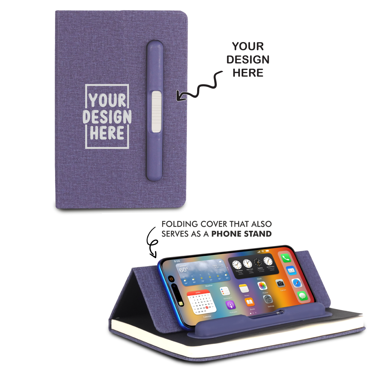 Personalized A5 Blue Notebook Diary with Pen Holder cum Phone Stand - For Office Use, New Year Notebook, Corporate Gifting, Client Gifts BGB170