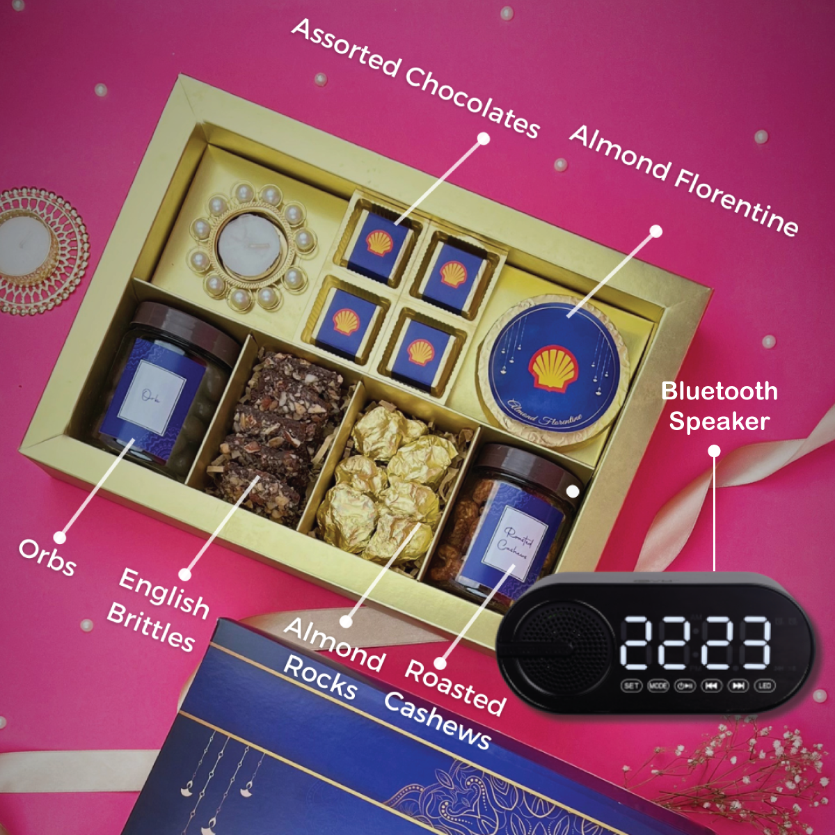 Premium Customized Diwali Greeting Card, Sweets, Chocolates, Diya, and Bluetooth Speaker Combo Gift Set - For Employees, Dealers, Customers, Stakeholders, Personal or Corporate Diwali Gifting TGMCVA48