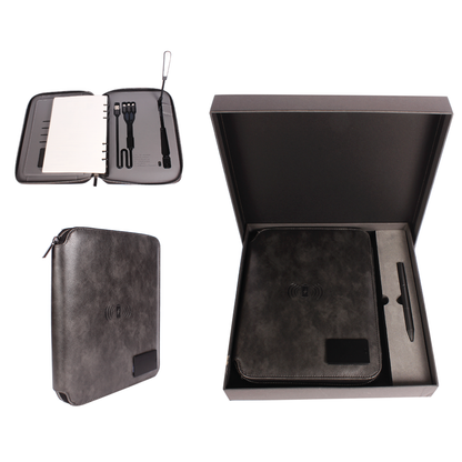 Personalized 2 in 1 Charcoal Black Leather Finished 8000mAh Power Bank Diary Logo Glow Combo Gift Set - For Employee Joining Kit, Client, Dealer Gifting, Corporate Gifting or Return Gift HK10244