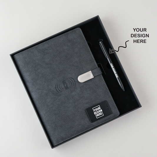 Personalized Engraved Jute Fusion Grey 8000mAh Power Bank Diary With Pen Logo Glow Combo Gift Set - For Employee Joining Kit, Client, Dealer Gifting, Corporate Gifting or Return Gift HK10245