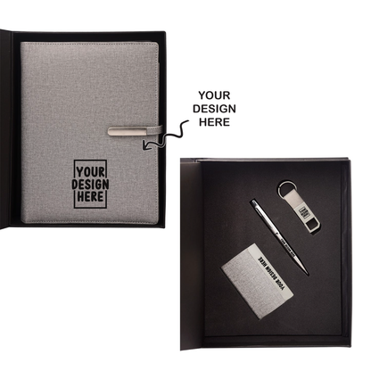 4 in 1 Personalized Grey Power Bank Notebook Diary, Pen, Keychain, and Card Holder Combo - For Employee Joining Kit, Client, Dealer Gifting, Corporate Gifting or Return Gift HK2564