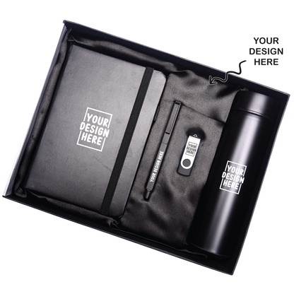Black 4in1 Notebook Diary, Bottle, Pen and Pen Drive Combo Gift Set - For Employee Joining Kit, Corporate, Client or Dealer Gifting HK37414
