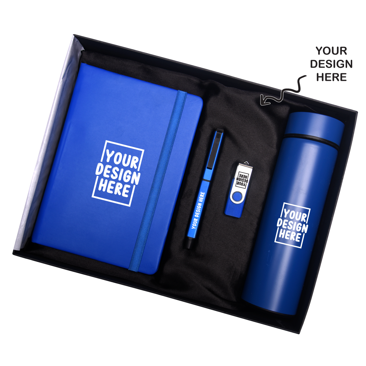 Blue 4in1 Bottle, Pen, Diary, and Pen Drive Combo Gift Set - For Employee Joining Kit, Corporate, Client or Dealer Gifting HK37415