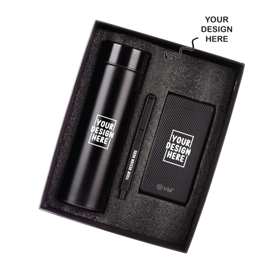 Black Personalized 3in1 Powerbank, Bottle, and Pen Combo Gift Set - For Employee Joining Kit, Corporate, Client or Dealer Gifting HK37461