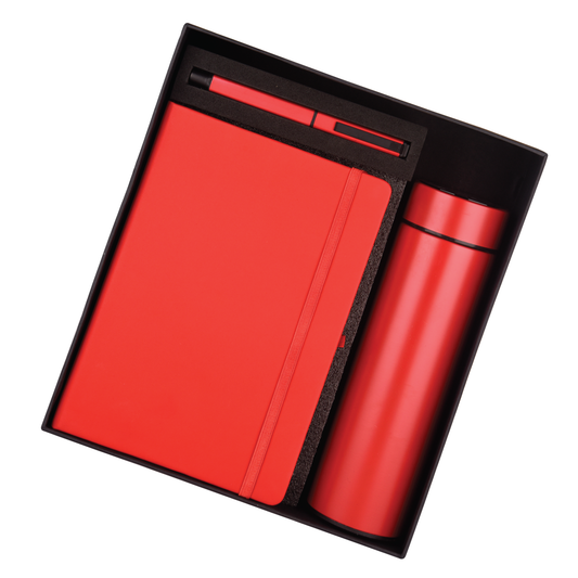 Red 3 in 1 Black Combo Gift Set Bottle, Pen, and Notebook - For Employee Joining Kit, Corporate, Client or Dealer Gifting HKLUXE