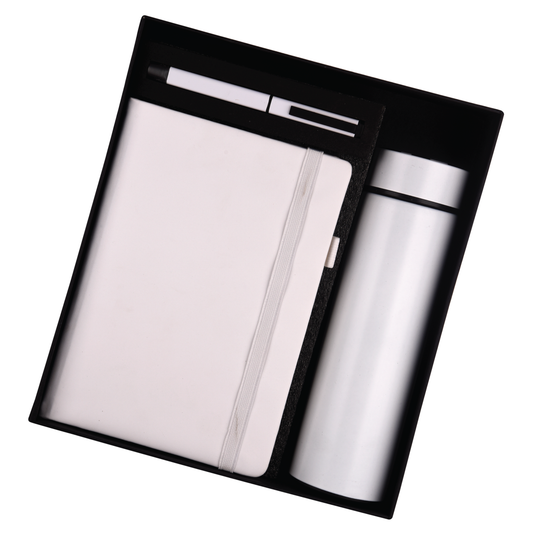 White 3in1 Combo Gift Set Notebook Diary, Pen, and Bottle - For Employee Joining Kit, Corporate, Client or Dealer Gifting HKST