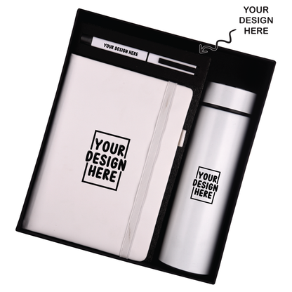 White 3in1 Combo Gift Set Notebook Diary, Pen, and Bottle - For Employee Joining Kit, Corporate, Client or Dealer Gifting HKST