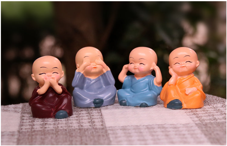 Set of 4 Cute Creative Little Monk Miniature Figurine Showpiece - Feng Shui Decoration - For Personal Gifting, Corporate Gifting, Return Gift TGMTFA