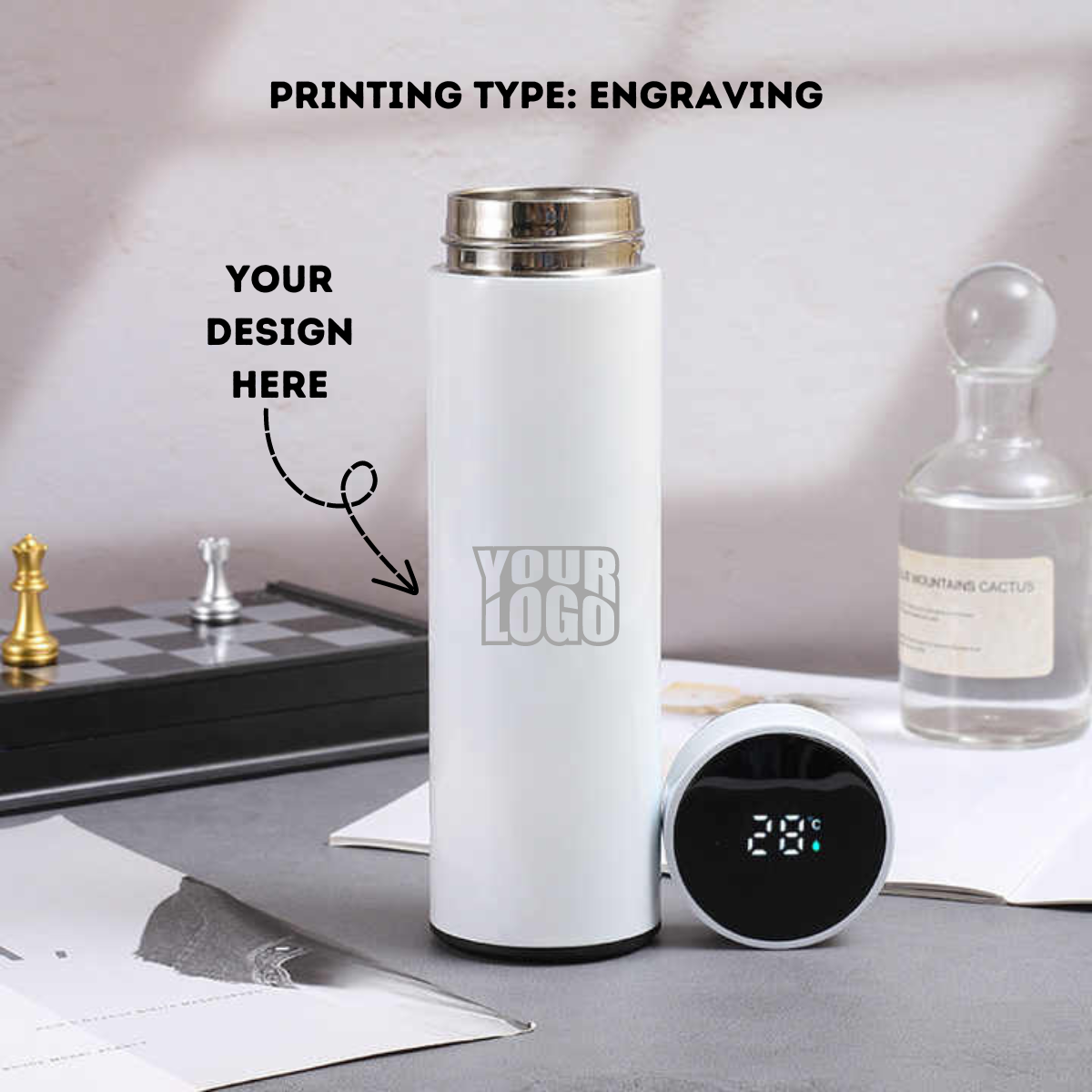 Personalized White Temperature Water Bottle - Laser Engraved - For Return Gift, Corporate Gifting, Office or Personal Use TGMGC-45