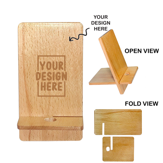 Personalized Folding Wooden Mobile Phone Holder cum Stand - For Personal, Corporate Gifting, Return Gift, Event Gifting, Promotional Freebies JAMHWF00