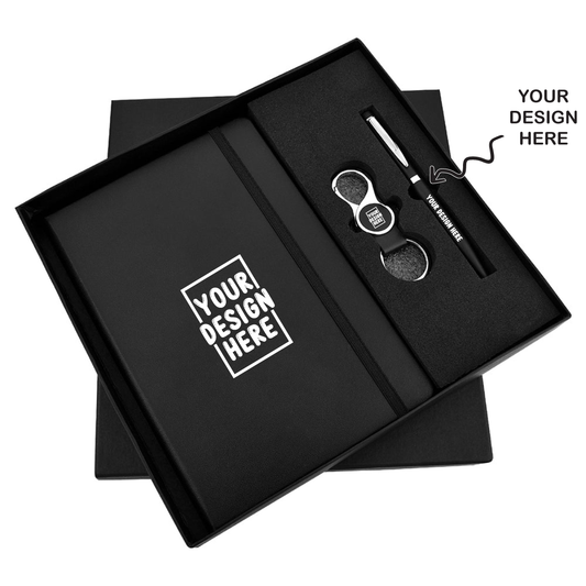 Black Notebook Diary, Keychain, and Pen 3in1 Combo Gift Set - For Employee Joining Kit, Corporate, Client or Dealer Gifting, Events Promotional Freebie JKSR158