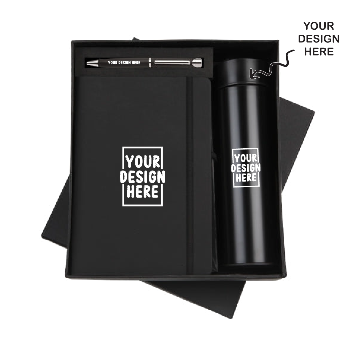 Black Personalized 3in1 Combo Gift Set Notebook Diary, Round Pen, and Bottle - For Employee Joining Kit, Corporate, Client or Dealer Gifting JKSR171