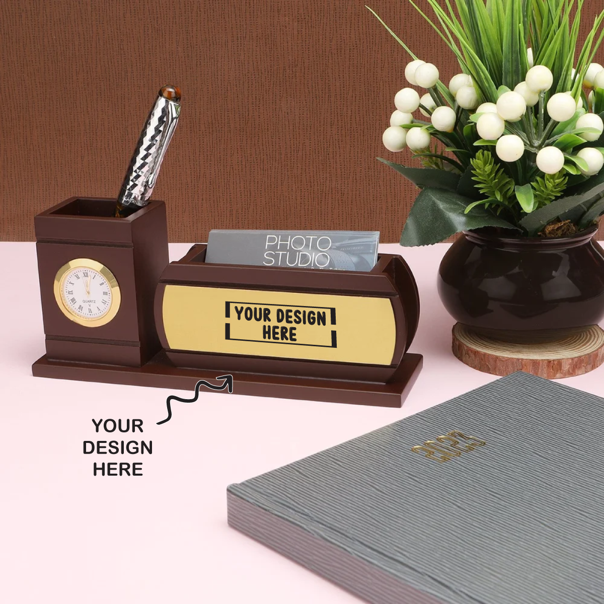 Personalized Engraved Wooden Stationery cum Pen Stand with Clock - For Corporate Gifting, Event or Exhibition Freebies, Promotions, Festival Office Gifting JKWD03