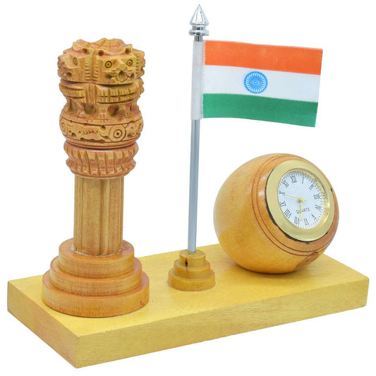 Ashoka Pillar with Clock and Indian Flag Table Top - For Corporate Gifting, Return Gift, Office, School, College Use, Independence Day, Republic Day Gift Item JAPACW00