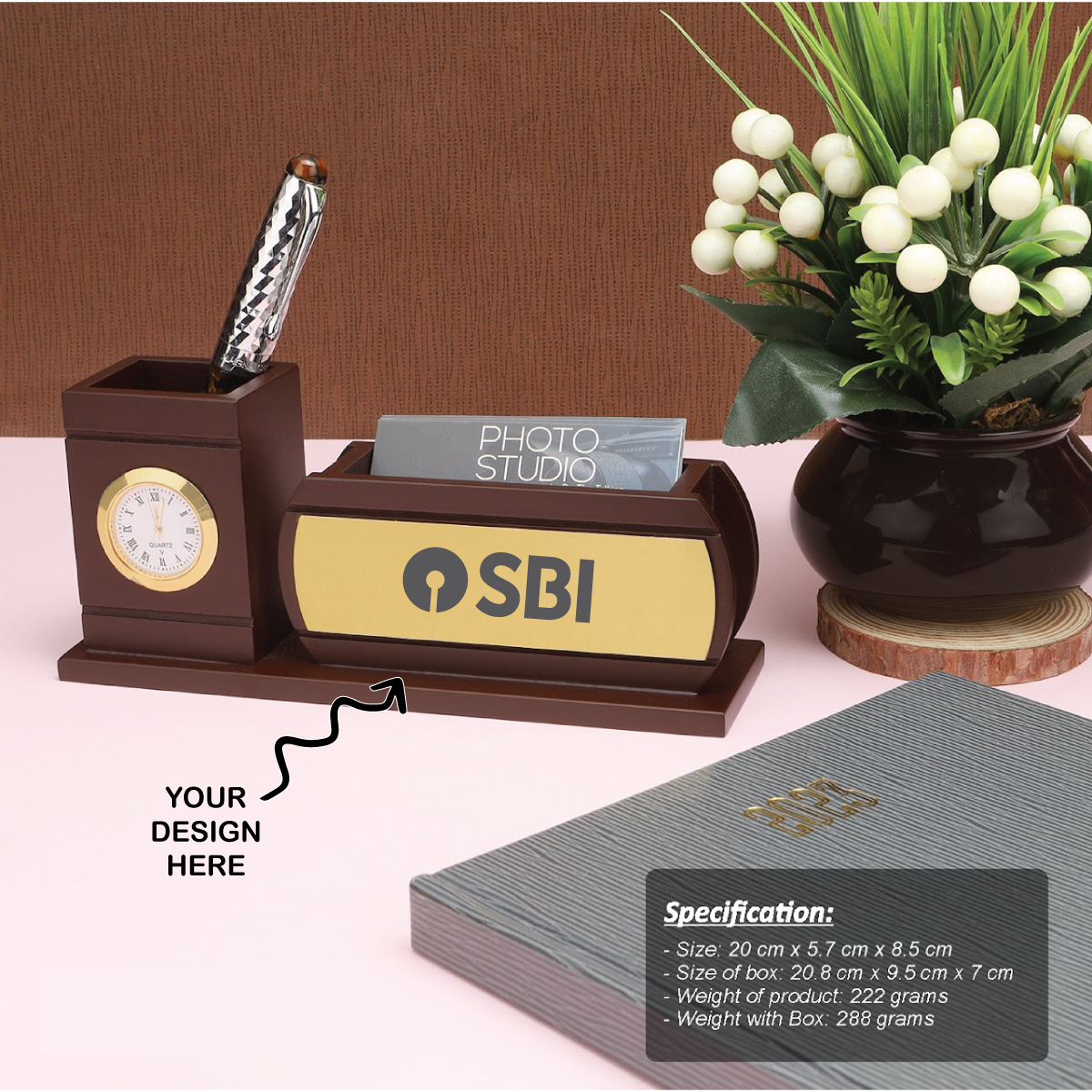 Personalized Engraved Wooden Stationery cum Pen Stand with Clock - For Corporate Gifting, Event or Exhibition Freebies, Promotions, Festival Office Gifting JKWD03