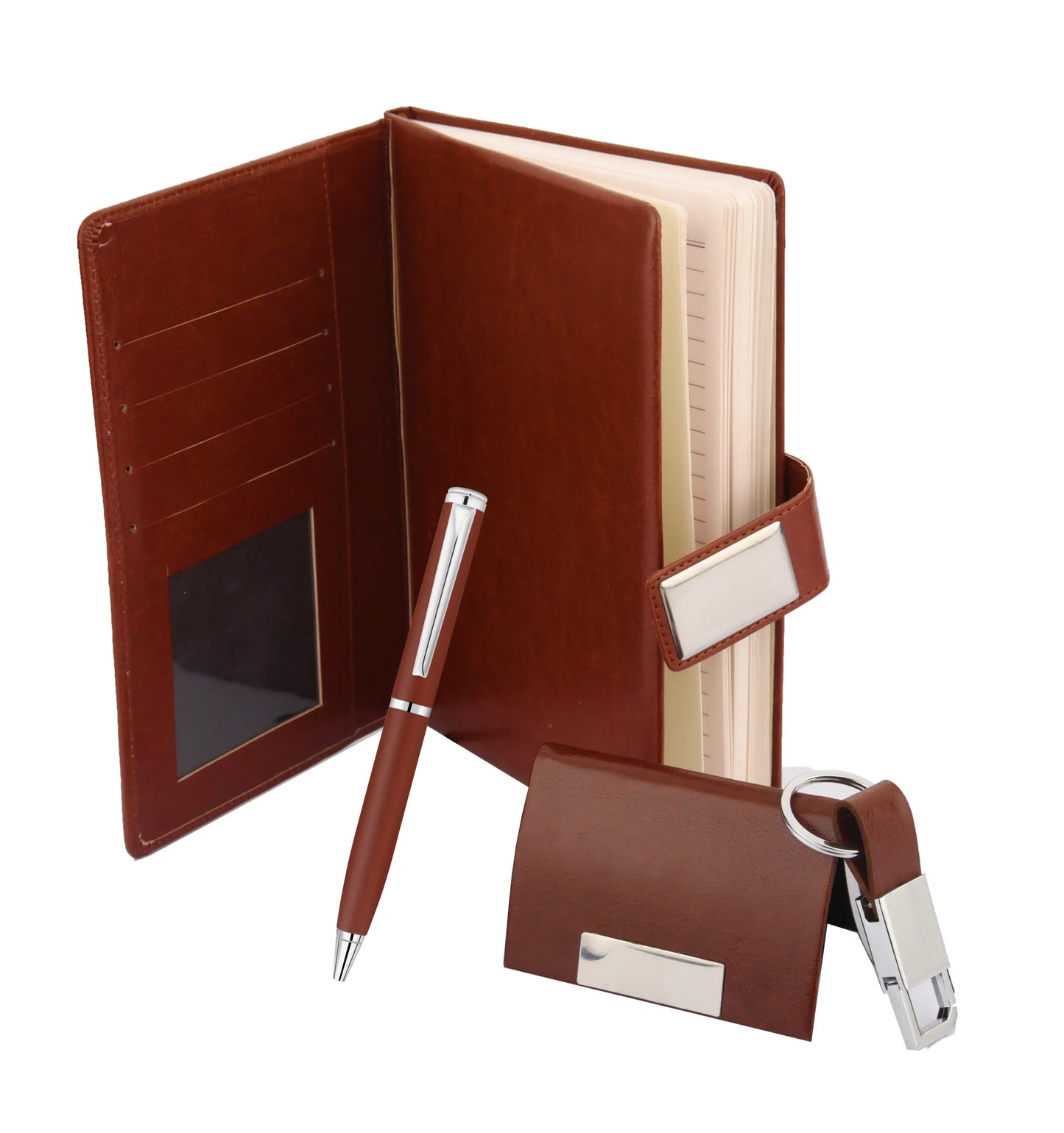 Brown Notebook Diary, Keychain, Cardholder, and Pen 3in1 Combo Gift Set - For Employee Joining Kit, Corporate, Client or Dealer Gifting, Events Promotional Freebie JKSR161