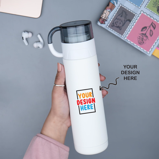 Personalized Multicolor UV Printed Black Insulated White Steel Vacuum Bottle - 500ml - For Corporate Gifting, Return Gift, Event Freebies and Promotions TGMGC-491