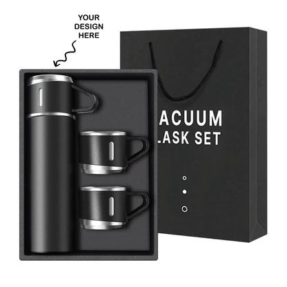 Personalized Laser Engraved Black Steel Vacuum Flask Set with 3 Steel Cups Combo -  - For Corporate Gifting, Return Gift, Event Freebies and Promotions TGMGC-76