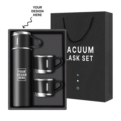 Personalized Laser Engraved Black Steel Vacuum Flask Set with 3 Steel Cups Combo -  - For Corporate Gifting, Return Gift, Event Freebies and Promotions TGMGC-76
