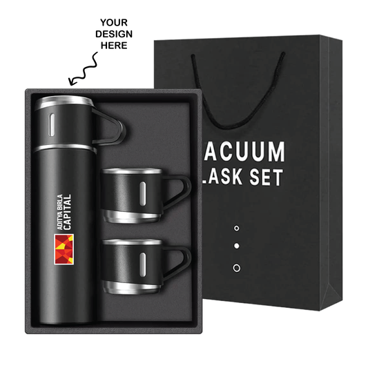 Personalized Black Steel Vacuum Flask Set with 3 Steel Cups Combo -  - For Corporate Gifting, Return Gift, Event Freebies and Promotions TGMGC-76