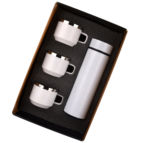 White 4in1 Temperature Bottle with 3 Steel Cups Gift Set  - For Employee Joining Kit, Corporate, Client or Dealer Gifting HK37428