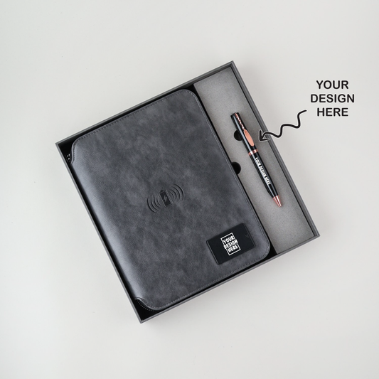 Personalized 2 in 1 Charcoal Black Leather Finished 8000mAh Power Bank Diary Logo Glow Combo Gift Set - For Employee Joining Kit, Client, Dealer Gifting, Corporate Gifting or Return Gift HK10244