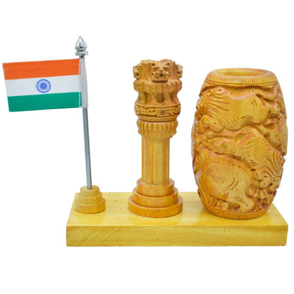 Wooden Pen Stand cum Clock with Ashoka Pillar and Indian Flag Table Top - For Corporate Gifting, Office, School, College Use, Independence Day, Republic Day Gift Item JAWTTP01