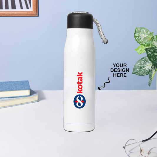 Personalized White Rope Handle Double Wall Metal Vacuum Water Bottle - 550ml - For Corporate Gifting, Birthday, Marriage, Anniversary Return Gift, Event Gift, Promotions TGMGC-15