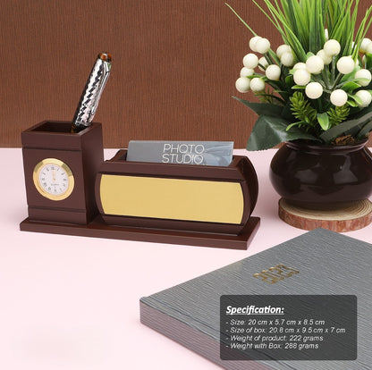 Personalized Engraved Wooden Stationery cum Pen Stand with Clock - For Corporate Gifting, Event or Exhibition Freebies, Promotions, Festival Office Gifting JKWD03