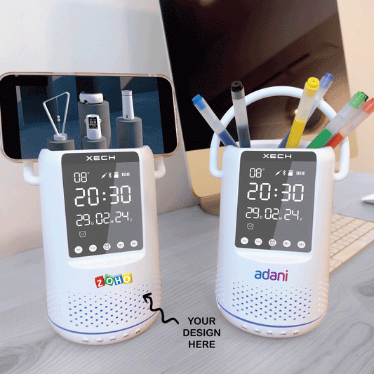 Personalized Multipurpose Wireless Speaker cum Alarm Clock, Smartphone or Pen Stand, with RGB lights - For Corporate Gifting, Office Gift Item, Return Gift, Event Gifts, Promotions XT2