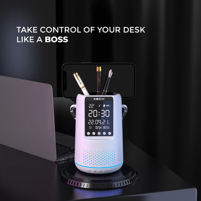 Personalized Black Multipurpose Wireless Speaker cum Alarm Clock, Smartphone or Pen Stand, with RGB lights - For Corporate Gifting, Office Gift Item, Return Gift, Event Gifts, Promotions XT1