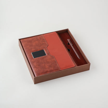 Engraved 2 in 1 Brown Leather Finished 8000mAh Power Bank Diary With Pen Logo Glow Combo Gift Set - For Employee Joining Kit, Client, Dealer Gifting, Corporate Gifting or Return Gift HK10246