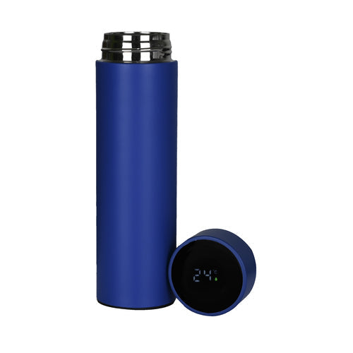 Corporate gift umbrella bottle set featuring a sleek blue insulated bottle with temperature display