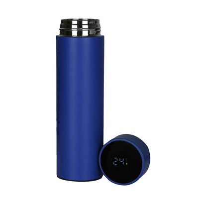 Corporate gift umbrella bottle set featuring a sleek blue insulated bottle with temperature display