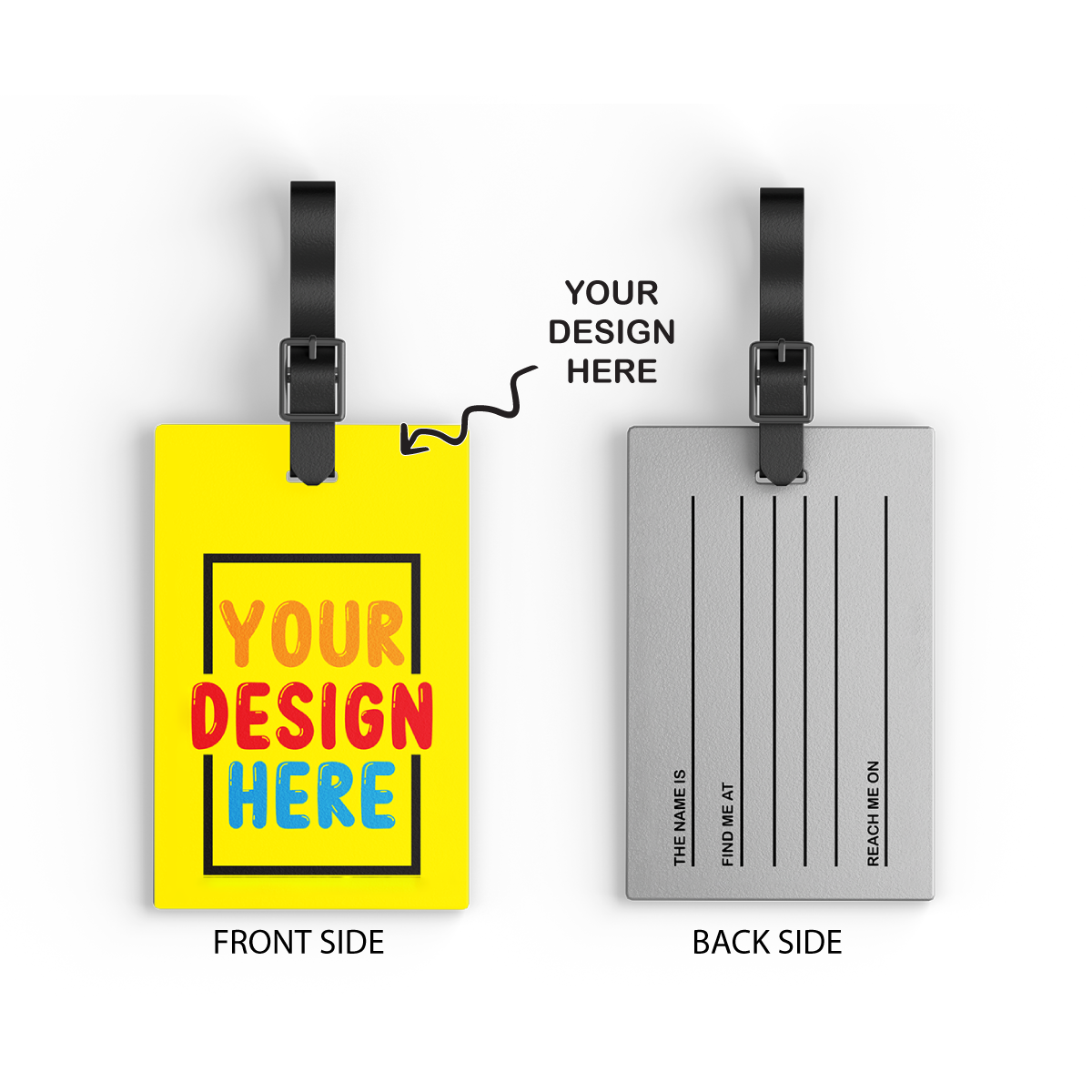 Custom luggage tags corporate gifts featuring a bright yellow front for personalization and a gray back for contact details