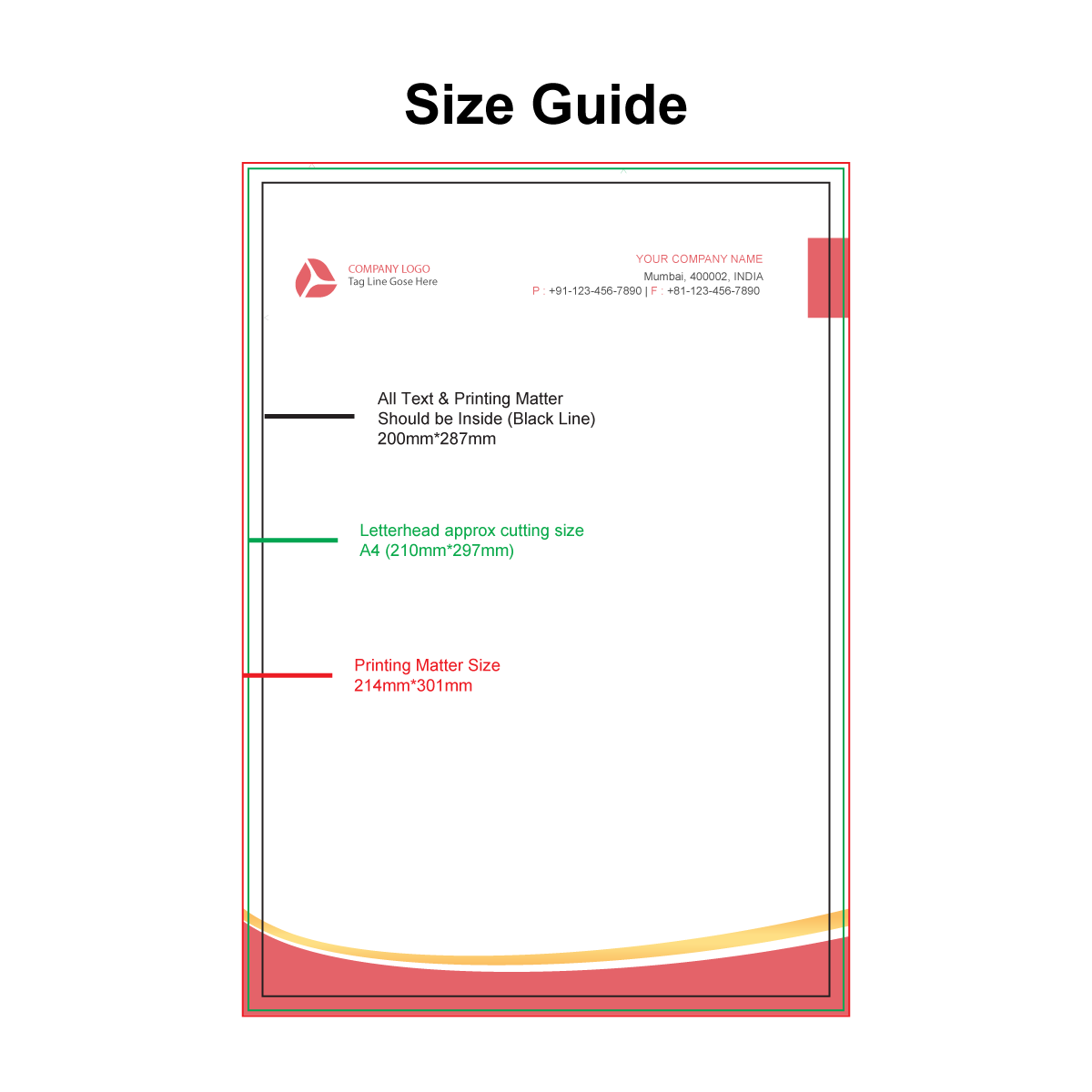 Size guide for customized 100 GSM letterhead with dimensions and design layout instructions