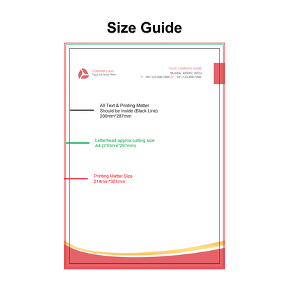 Size guide for customized 100 GSM letterhead with dimensions and design layout instructions
