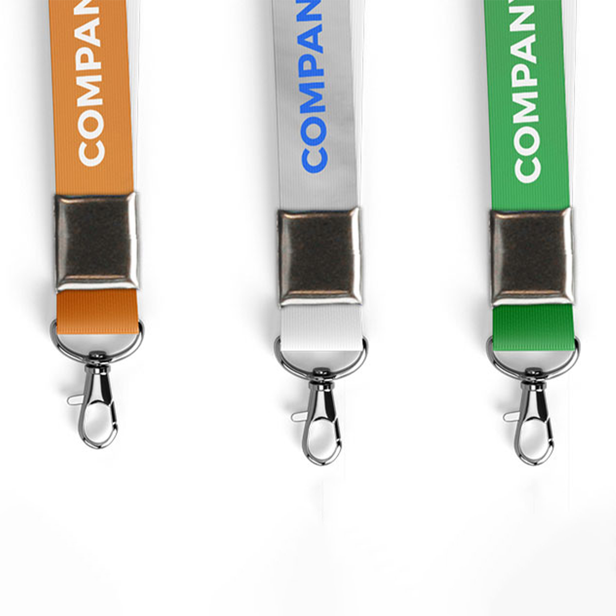 Three Customized 20mm Lanyards in Orange, White, and Green with Metal Clips for Secure Attachment