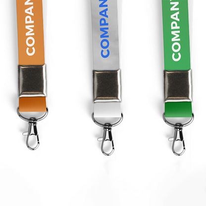 Three Customized 20mm Lanyards in Orange, White, and Green with Metal Clips for Secure Attachment