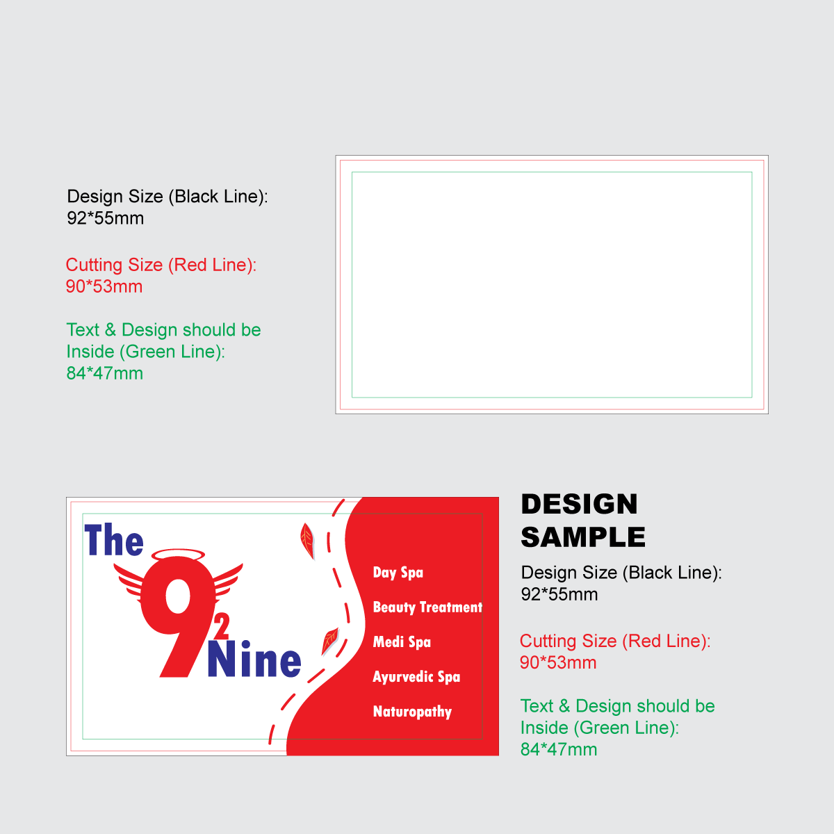Customized 350 GSM Matte Business Card Design with Detailed Guidelines for Cutting and Text Placement
