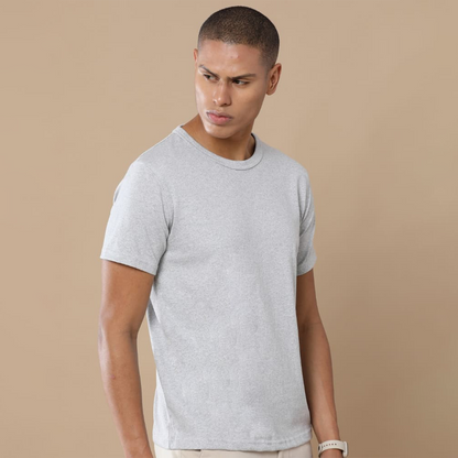 Grey round neck t-shirt with a customized logo, artwork, or text.