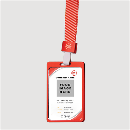 Customized ID Cards with Aluminum Holder featuring a red design and space for personal information