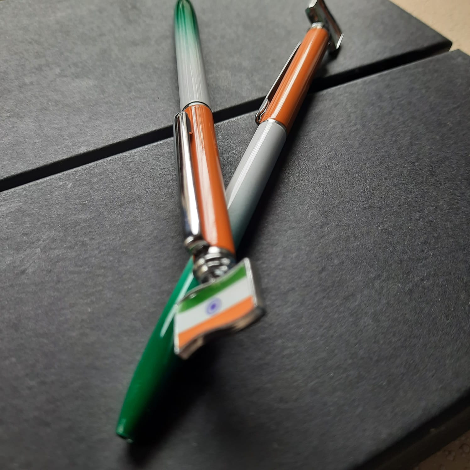Elegant Indian tricolor pen gift featuring green, white, and saffron colors with premium design