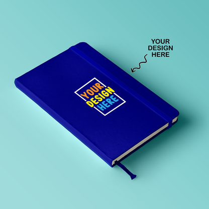 Personalized logo printed A5 notebook in blue featuring custom design options