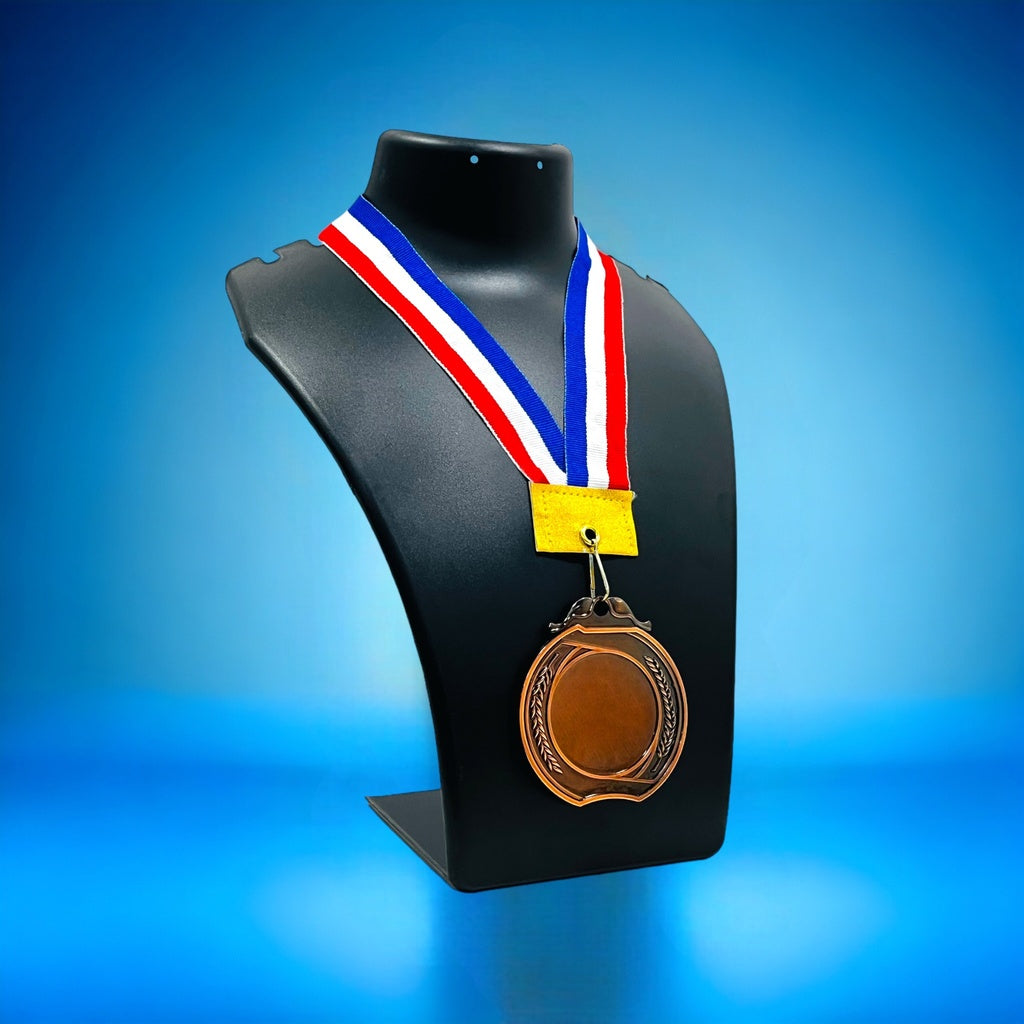 Personalized 2.5 Inch Medal displayed on a black stand with a colorful ribbon for awards and recognition