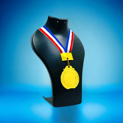 Personalized 2.5 Inch Medal displayed on a black bust with red, white, and blue ribbon for award ceremonies